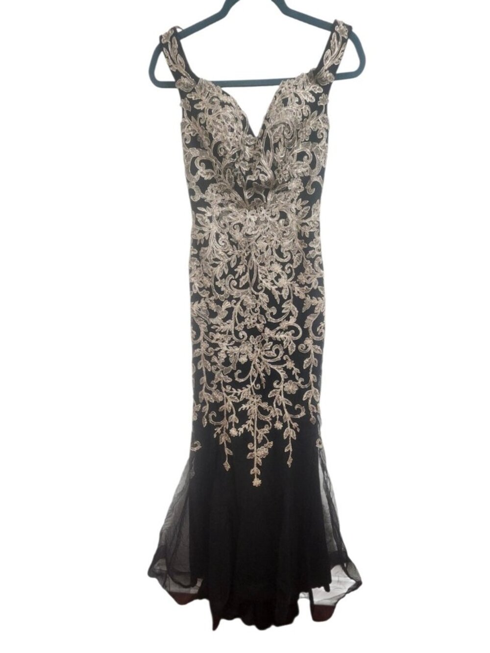 JVN by Jovani Black Gold Embroidered Mermaid Evening Gown Prom Formal Dress 2 - Picture 2 of 15